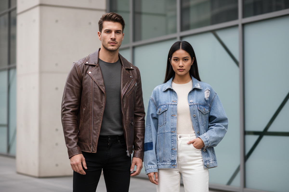 generate 1:1 banner image for jacket wear men and women model